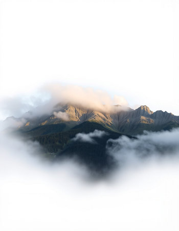 mountains covered with clouds in a foggy day, alpine landscape