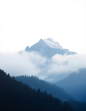 Beautiful mountain landscape with fog in Himalayas, Nepal.