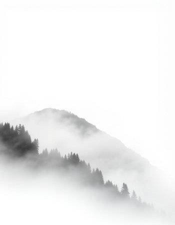 Mountain landscape in the morning mist. Black and white illustration.