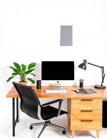 Workplace with computer on a white background. 3d rendering.
