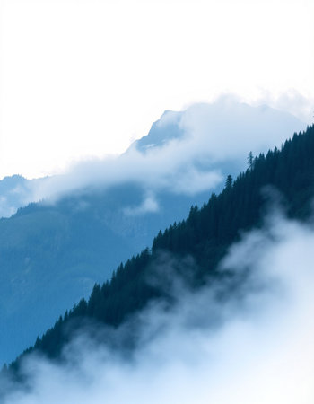View of the mountains in the clouds on a foggy day.の写真素材