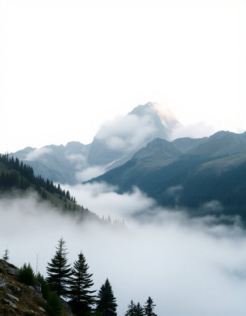 Mountain landscape with clouds and fog. Caucasus, Dombay, Russiaの写真素材