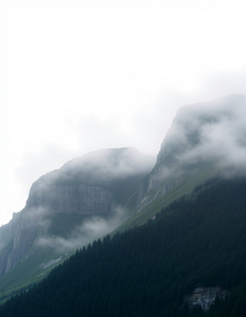 Mountain landscape in the Dolomites, Italy. The peaks are shrouded in fog.