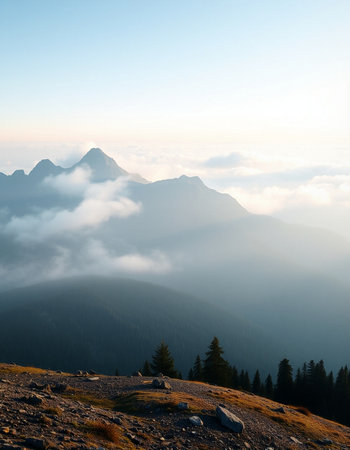 Sunrise in the mountains. Beautiful landscape with fog and clouds.
