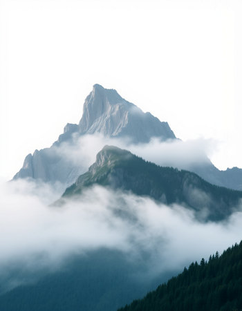 Mountain landscape with fog and clouds.
