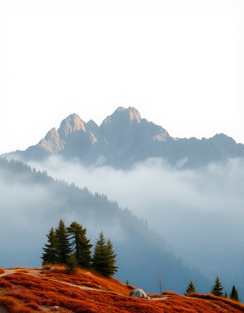 Foggy mountain landscape with coniferous forest and high peaksの写真素材