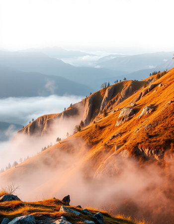 Majestic mountain landscape in the morning mist. Carpathian, Ukraine, Europe. Beauty world.