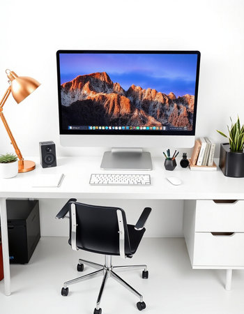 Workplace with computer on a white table. 3d rendering.