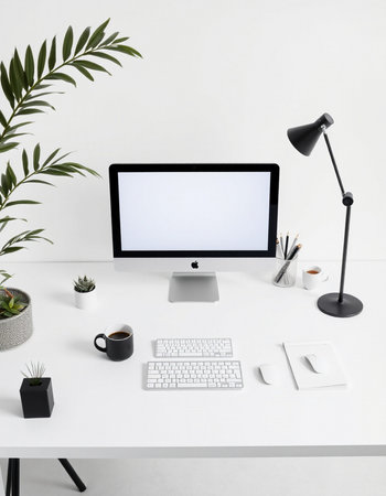 Close up of modern workplace with blank white computer screen, coffee cup, stationery and plants.