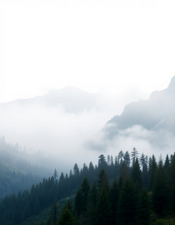 Mountain landscape with fog and coniferous forest in the foregroundの写真素材