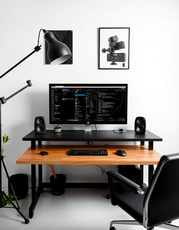 Modern workspace with computer monitor, keyboard and mouse on white wall background