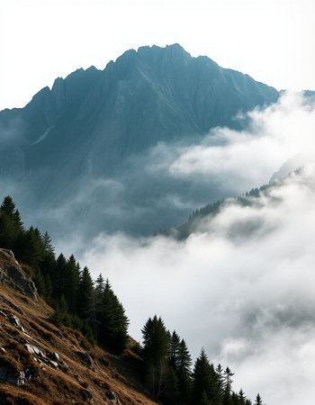 Mountain landscape with clouds and fog in Alpe di Siusi