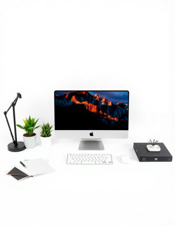 Modern workspace with computer and office supplies on white background. 3D rendering.