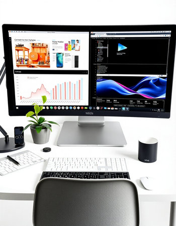 Modern workspace with computer monitor on white background. 3D rendering.