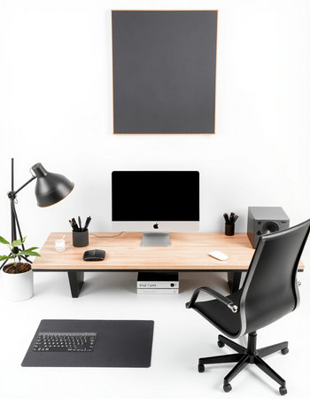 Front view of modern workplace with computer, keyboard, mouse, stationery and blank blackboard on...