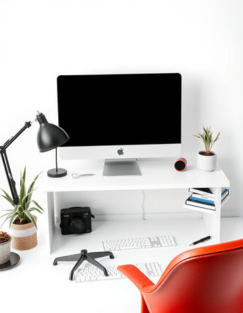Modern workplace with computer on white background.