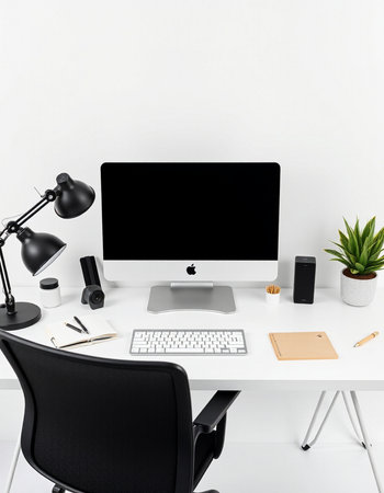 Front view of modern workplace with blank computer screen, keyboard, stationery, coffee cup and...