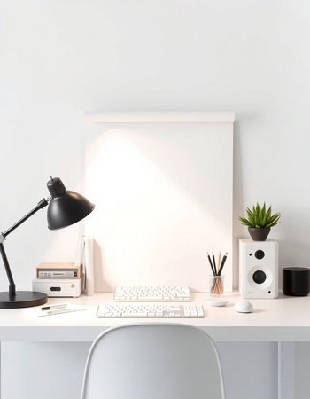 Comfortable workplace with computer and stationery on table near white wall