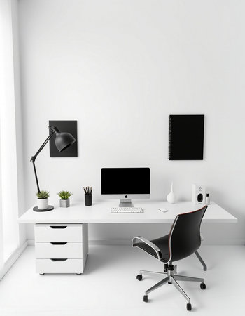 Interior of modern office room with white walls, wooden floor, white computer table and black chair....