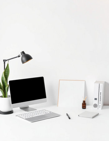 Modern workspace with blank screen computer monitor, laptop, stationery and decorations. Mock up, 3D...