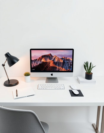 workplace with computer, lamp and coffee cup in modern home officeの写真素材