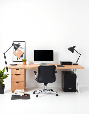 Workplace with computer, lamp and stationery in modern office interiorの写真素材