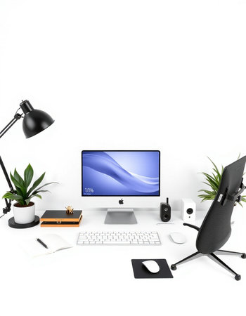 Workplace with computer, mouse, keyboard and stationery on white background