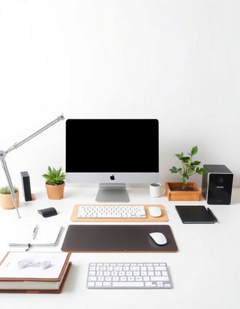 Modern workspace with computer and office supplies on white background. Top viewの写真素材