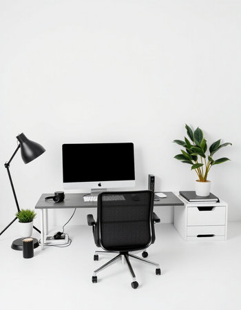 Workplace with computer, lamp and plant on the white wall backgroundの写真素材