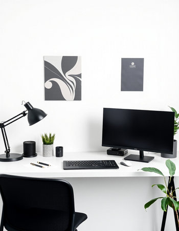 Modern workplace with computer, lamp and stationery. Workplace conceptの写真素材