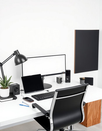 Modern workspace with computer and office supplies. Workplace concept. 3D Renderingの写真素材