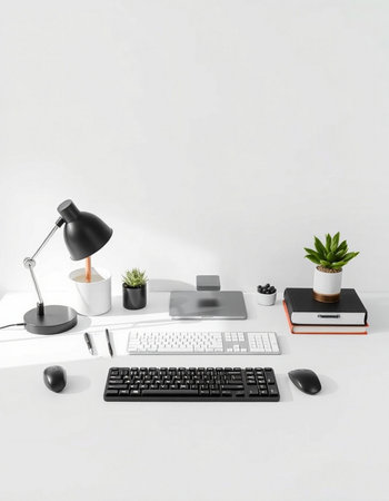 Minimal workspace with keyboard, mouse, lamp, coffee cup and plant on white table. 3d renderの写真素材
