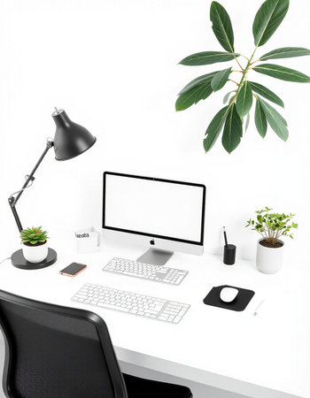 Workplace with computer, keyboard, coffee cup and plant on white table