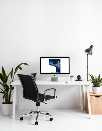 Modern workplace with computer, lamp and decorations in office. 3d render