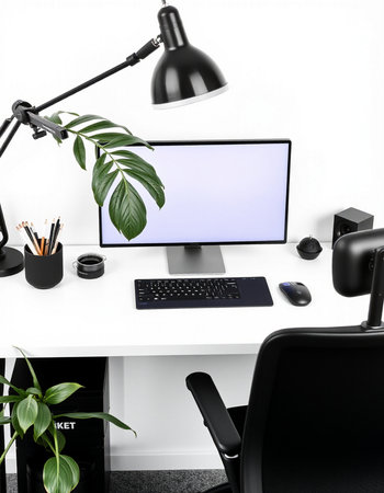 Modern workspace with computer, lamp and stationery. 3d renderingの写真素材