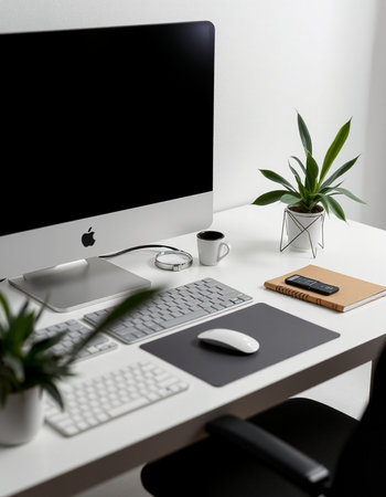 workplace with computer, stationery and plant on tableの写真素材