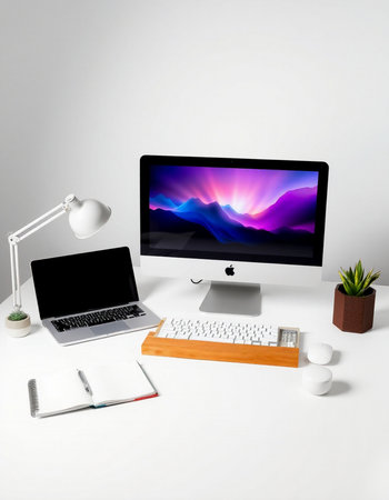 3D rendering of a designer desktop with a computer and other items