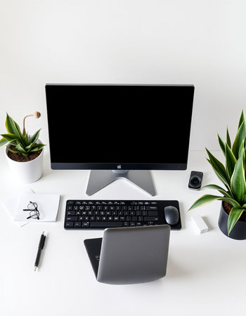 Top view of modern workplace with computer, stationery and plants on white background