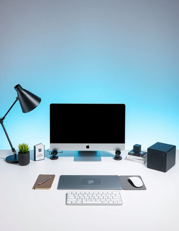 3D render of an office desk with a computer and other itemsの写真素材