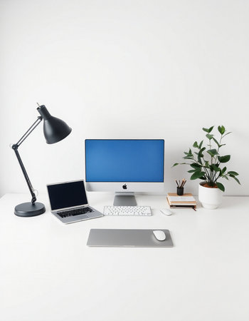 Minimalistic workplace with computer, lamp and plant.
