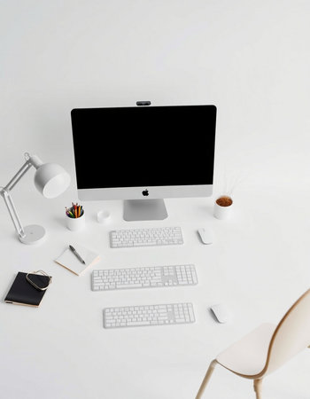 Workplace with computer, supplies and coffee cup on white background.の写真素材