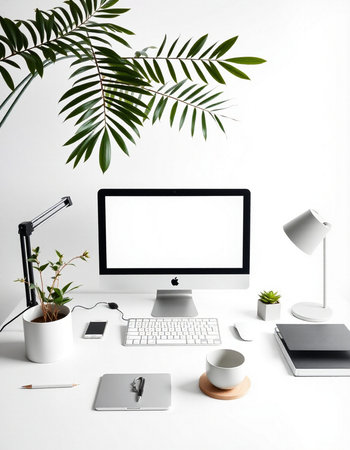 Modern workspace with blank computer screen, stationery and plant on white background