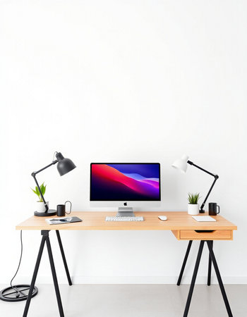 Workplace with computer, lamp, coffee cup and plant on white wall backgroundの写真素材