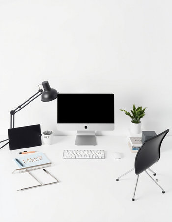 workplace with computer, lamp and stationery isolated on white background