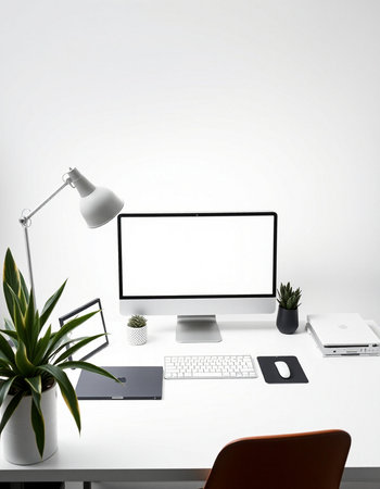 workplace with computer, tablet, lamp and plant on white backgroundの写真素材