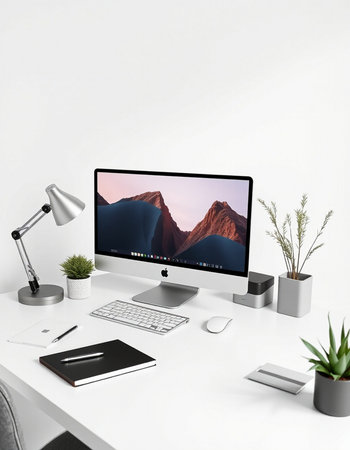 Modern designer desktop with computer, keyboard, mouse, supplies and other items