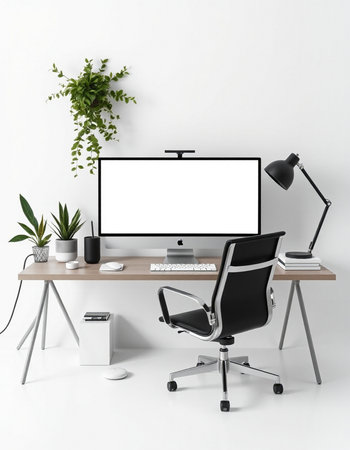 Modern workspace with computer monitor, keyboard and mouse. Mock up, 3D Renderingの写真素材