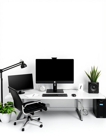 Workplace with computer on a white background. 3d rendering.