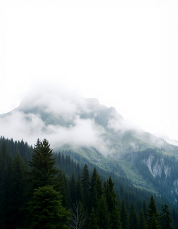 Mountain landscape with coniferous forest on a foggy day