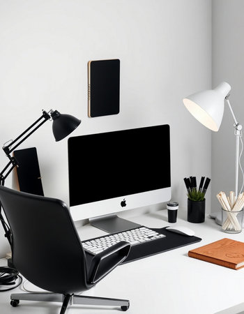 Workplace with computer, lamp and stationery.